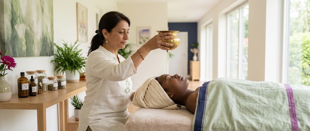 Therapist giving a relaxing Ayurvedic head treatment to a patient in a calm treatment room